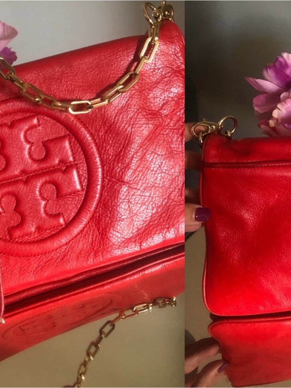 Tory Burch Bag Purse  Bombe Reva Tory Red Leather Clutch & Shoulder Bag Red - Picture 2 of 12